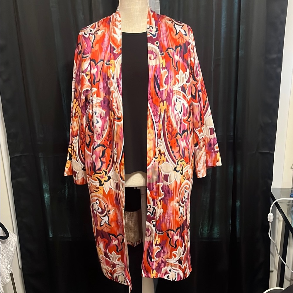 Chico's Red and Pink Cape with Elegant Floral Design